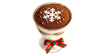 Tiramisu dessert with snowflake decoration and red green bow