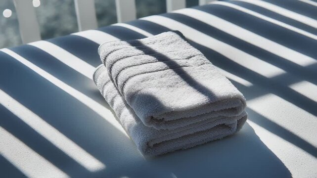 towel neatly folded on sunbed casting sharp shadow, minimal graphic luxury scene