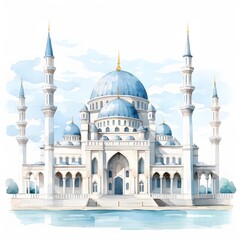 Fototapeta premium Elegant mosque with blue domes reflected in the water in watercolor style
