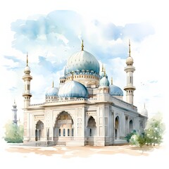 Obraz premium Watercolor painting of a grand mosque with minarets against a cloudy sky