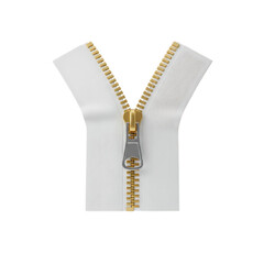 White zipper with gold teeth and silver pull tab metal