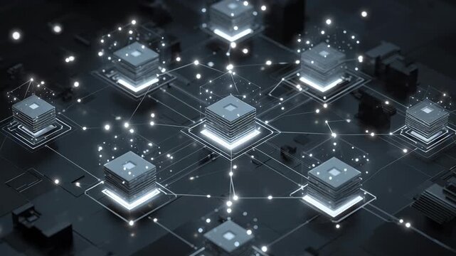A computer chip with a network of lights on it. Confidential data ecosystem, interconnected secure data nodes within protected digital environment, clean enterprise editorial style