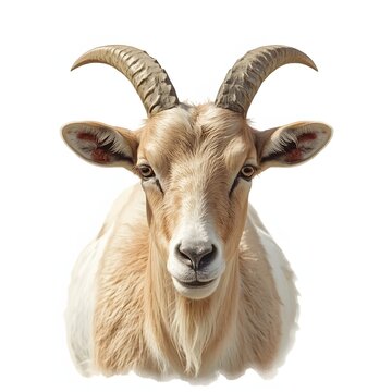 Portrait of a mature addax antelope with long twisted horns and a beige and white coat
