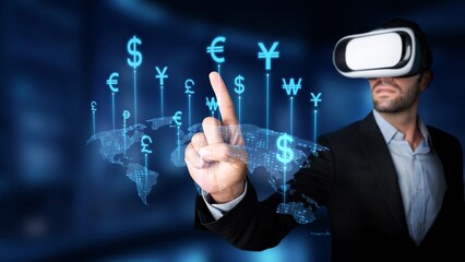 A businessman engages with virtual reality technology, interacting with floating currency symbols and global maps, representing modern finance and digital innovation. Raster
