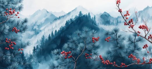 View of mountains and fir trees in the fog, branches with red berries in the foreground