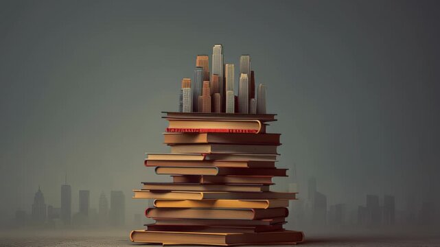 stack of books turning into skyscrapers, surreal minimal city knowledge metaphor