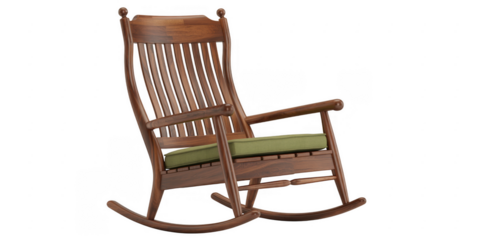 Wooden rocking chair with green cushion isolated on a transparent background