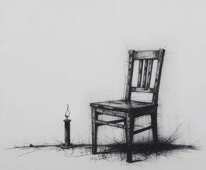 A monochrome sketch of an empty chair beside a candle evoking solitude and contemplation.