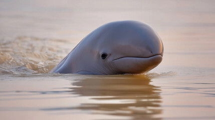 Irrawaddy dolphin surfacing in calm river water.