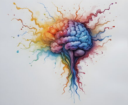 A vibrant artistic human brain exploding with colorful streams symbolizing creativity and ideas.
