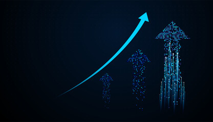 The Vertical light trails transform into a pixel arrow, representing data-driven performance and rising markets. Big digital pixels blue of Arrows Finance concept