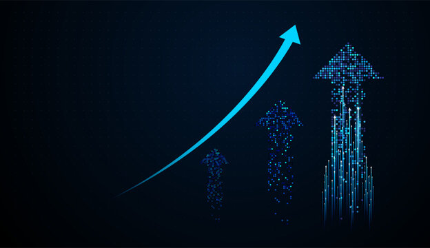 The Vertical light trails transform into a pixel arrow, representing data-driven performance and rising markets. Big digital pixels blue of Arrows Finance concept