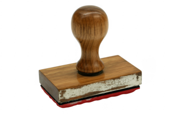 Wooden stamp with red ink pad isolated on a transparent background