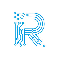 A vector icon of the letter 'R' designed with blue electronic circuit lines, symbolizing robotics, research, and digital reality technology. Ready in PNG, JPG, and editable EPS formats.