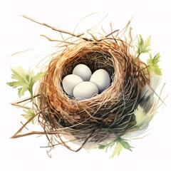 Obraz premium Delicate watercolor painting of bird nest filled with eggs