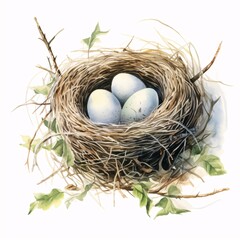 Obraz premium Delicate watercolor painting of bird's nest with blue eggs surrounded by leaves and twigs