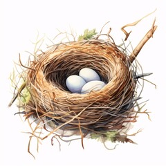 Obraz premium Watercolor depiction of a bird's nest with three eggs