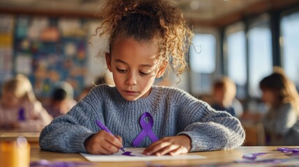 Multiracial child drawing purple awareness ribbon on paper in classroom, Epilepsy awareness, education, creativity, support, inclusion during Purple Day initiatives