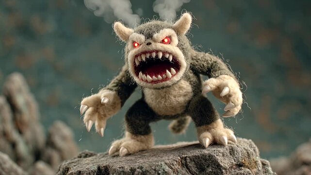Fierce Stop-Motion Monster with Glowing Eyes Roaring on a Rocky Ledge.