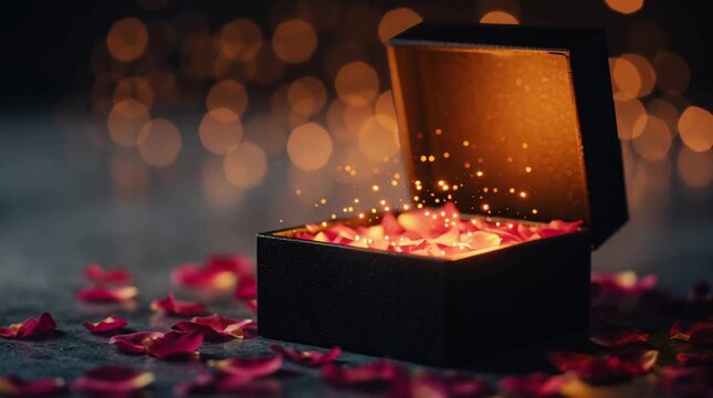 Gift Box Opening with Light and Rose Petals