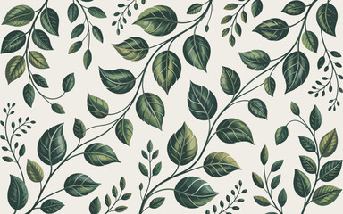 Fototapeta premium Vines with lush green leaves and stems intertwined on a soft beige background in a seamless pattern