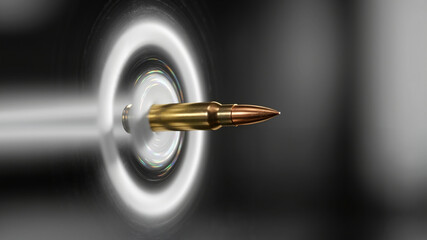 Bullet flying through the air with a bright impact trail. High-speed projectile motion concept for precision or dangerous activity.