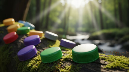 Colorful plastic bottle caps scattered on mossy log in green forest with bright sun rays. Nature pollution and recycling concept on Earth Day. Caps made from recycled plastic bottles