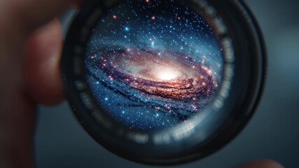 smartphone camera lens showing galaxy inside, surreal tech cosmic style - Powered by Adobe