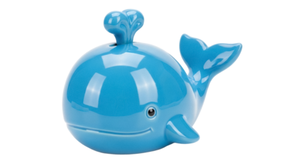 Isolated blue whale shaped piggy bank for kids money saving, on a seamless backdrop