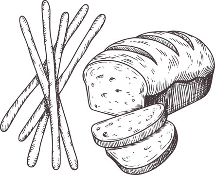 Black and white hand drawn of breadstick and sliced loaf of bread