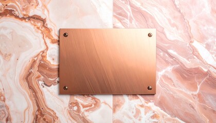 Copper nameplate on marble with veined texture and brushed metallic finish, evoking elegance and contrast.