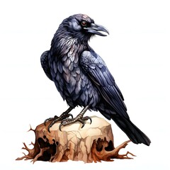 Obraz premium Elegant raven sits perched atop a weathered tree stump in digital watercolor