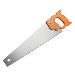 Wooden-handled wood saw with silver blade on white background  