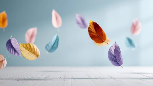 row of pastel falling leaves levitating in clean bright space, surreal autumn mood