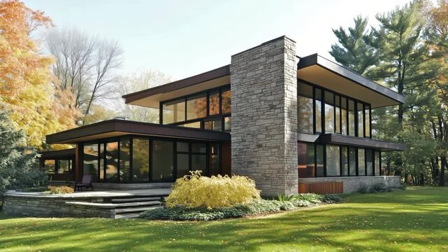 Modern two-story house with large windows and stone facade in a wooded area.