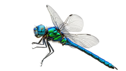 Isolated iridescent dragonfly, insect with iridescent blue, green wings, thorax, abdomen