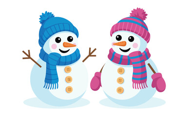 Two illustrated snowmen wearing colorful hats and scarves standing together in a winter scene