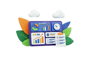 3D Dashboard with Charts, Clock, and Checklist on Leaves