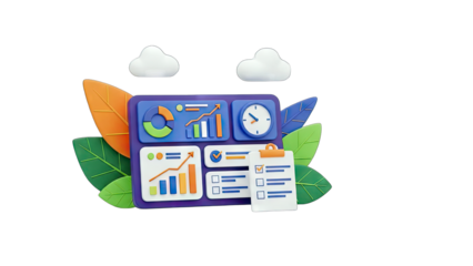 3D Dashboard with Charts, Clock, and Checklist on Leaves