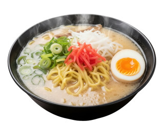 Isolated bowl of ramen noodles with pork broth, scallions, red ginger and egg, Japanese cuisine