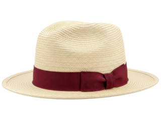 Isolated beige straw boater hat with maroon grosgrain ribbon and bow, summer fashion accessory