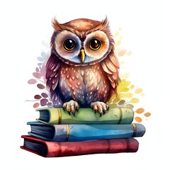 Adorable watercolor owl perched on a stack of colorful books in a charming illustration
