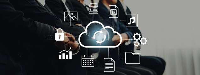 A dynamic scene depicting business professionals attending a conference, featuring cloud computing graphics that symbolize data management and digital change. Gantry