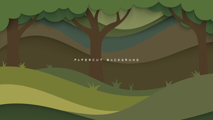 Vector illustration of a green forest landscape with trees, hills, grass, and sky in a peaceful background