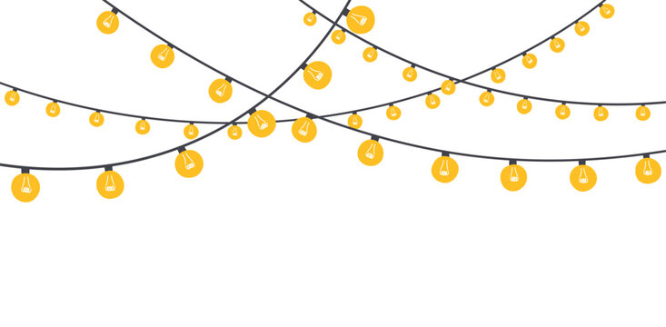 Light garland decoration. Hanging lighbulbs on strings, electric ornament, illumination. Retro bulbs, festive adornment. Holiday lamps decor. Flat vector illustration isolated on white background