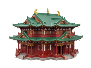 Isolated Chinese historic pagoda structure with green roofs on a transparent background