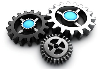 3d black and silver cogs with blue accents interconnected on white background for modern engineering and industrial machinery concepts