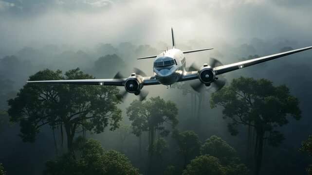 Vintage propeller airplane flying low over a misty jungle canopy. Dramatic panoramic view of historic aviation and exploration in a remote and uncharted tropical rainforest