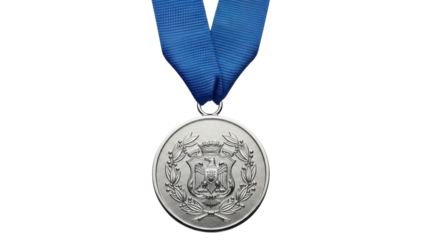 Isolated Shiny Romanian medal with a blue ribbon for athletic or academic achievement
