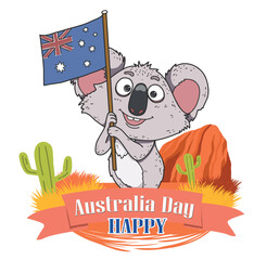 A cute round koala waving the Australian flag, flat vector illustration with crisp lines on a white background, ideal for online media on Australia Day